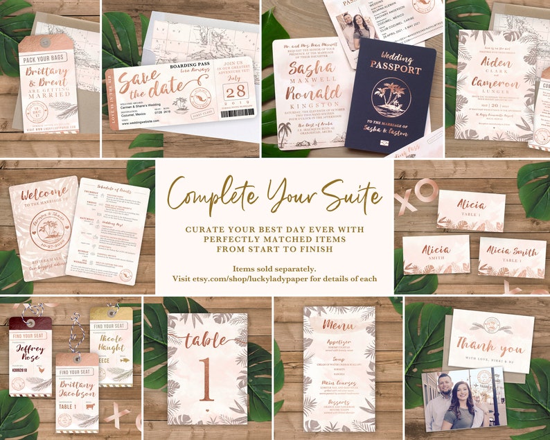 Pu&ograve; includere: Una collezione di articoli di cancelleria per matrimoni a tema tropicale che comprende una carta di salvataggio della data, una carta d'imbarco, un invito di nozze, un passaporto di nozze, un cartello di benvenuto, un numero di tavolo, un menu, una carta di posto e una carta di ringraziamento. La cancelleria &egrave; decorata con foglie di palma, fiori tropicali e un accento in foglia d'oro.