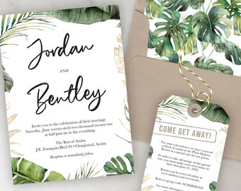 Destination Wedding Invitation - Tropical Leaves Palm Leaf Greenery Travel Theme Invitation Set by Luckyladypaper