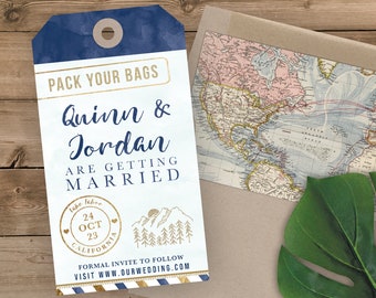 Luggage Tag Save the Date - Destination Wedding Save the Date Invitation - Navy and Blue Watercolor Mountains and Evergreens