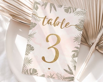 Wedding Table Numbers Tropical Destination Wedding Gold and Blush Watercolor