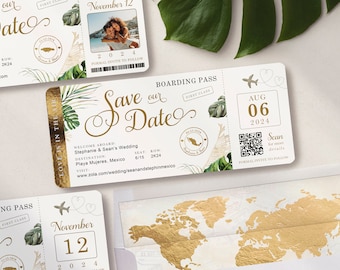 Destination Wedding QR Code Boarding Pass Save the Date Invitation Tropical Green Leaves and Gold Travel Ticket Real Foil Available