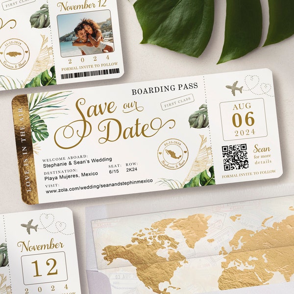 Destination Wedding QR Code Boarding Pass Save the Date Invitation Tropical Green Leaves and Gold Travel Ticket Real Foil Available