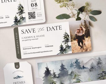 Mountain Forest Wedding Save The Date Boarding Pass Optional QR code Luggage Tag Information card by Luckyladypaper