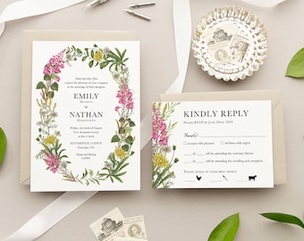 Vintage Botanical Mountain Wildflower Wedding Invitation by LuckyLadyPaper