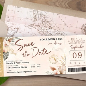 Destination Wedding Boarding Pass Save the Date Gold Burgundy Tropical Orchid Palm Monstera Leaf - see item details to order