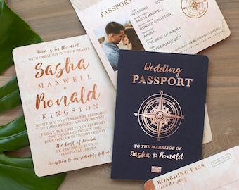 Destination Wedding Passport Invitation Set in Rose Gold and Blush Watercolor Compass Design by Luckyladypaper - see item details to order