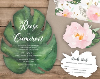 Tropical Leaf Shaped Destination Wedding Invitation Card Set Monstera Leaf and Blush Pink Peony Watercolor Calligraphy design Luckyladypaper