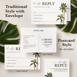 arch shaped wedding invitation RSVP cards QR code with palm tree watercolor