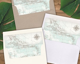 Envelope Liners A2 Size - Square Flap - Aqua Watercolor Antique Caribbean Map - Pack of 25