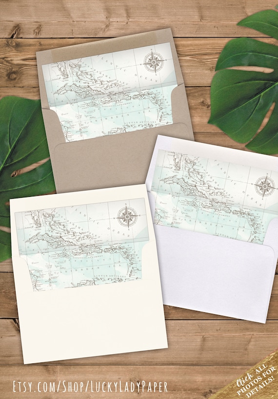 Envelope Liners A2 Size - Square Flap - Aqua Watercolor Antique Caribbean Map - Pack of 25