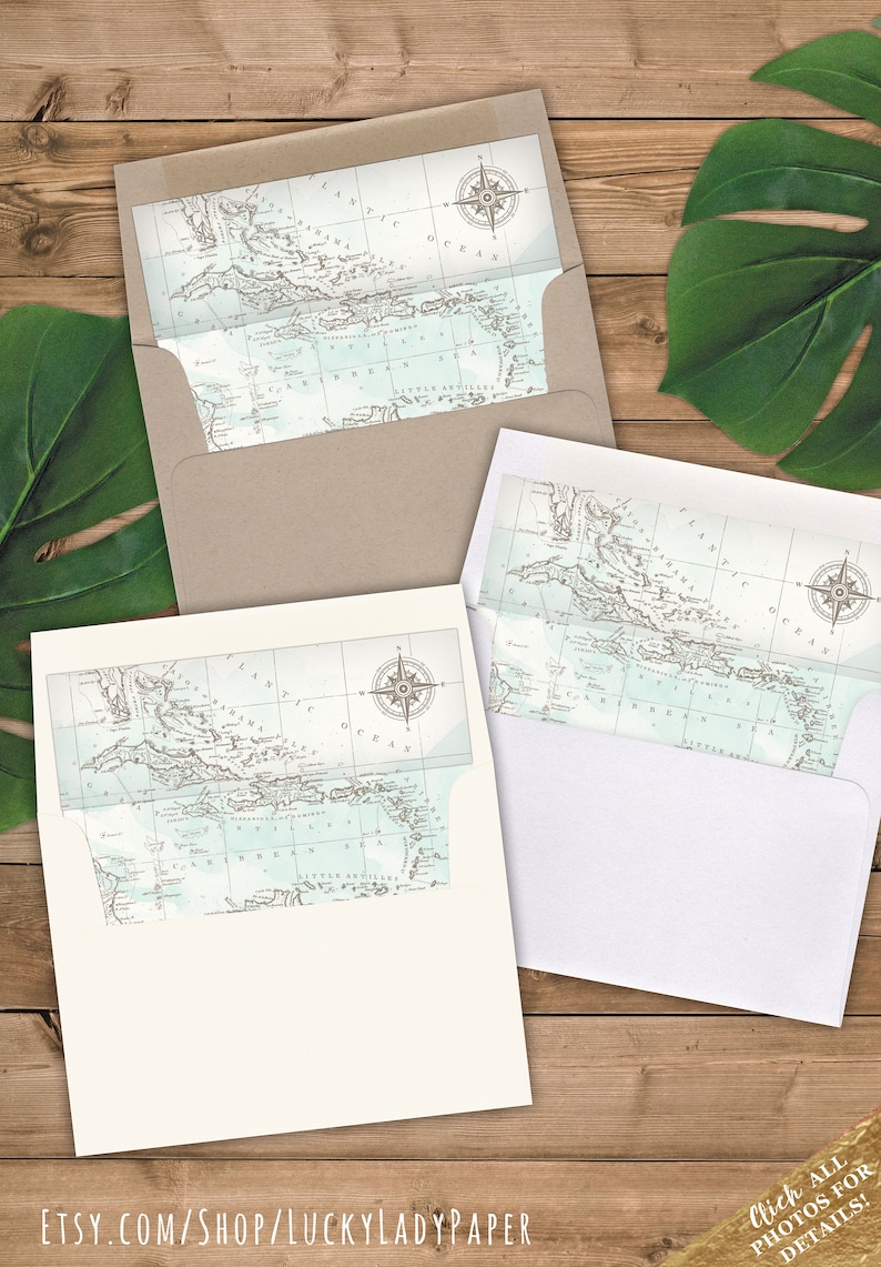 Envelope Liners A2 Size - Square Flap - Aqua Watercolor Antique Caribbean Map - Pack of 25 image 1