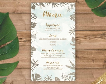 Tropical Menu cards in Gold and Aqua Watercolor