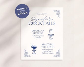 Signature Cocktails Sign Template rustic hand drawn whimsical wildflower love birds floral Wedding Printable Edit in Canva Dusty Blue