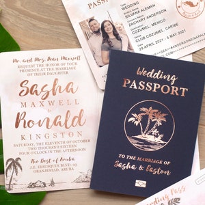 Destination Wedding Passport Invitation Set in Tropical Rose Gold Foil and Blush Watercolor by Luckyladypaper - see item details to order
