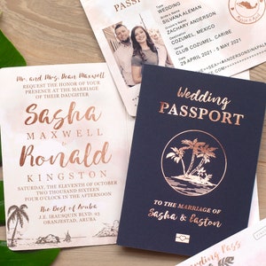 Destination Wedding Passport Invitation Set in Tropical Rose Gold Foil and Blush Watercolor by Luckyladypaper see item details to order image 1