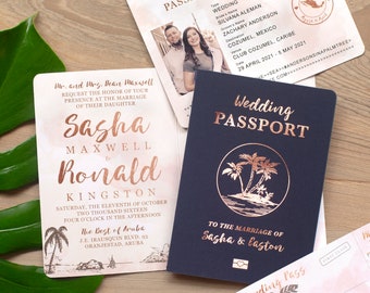 Destination Wedding Passport Invitation Set in Tropical Rose Gold Foil and Blush Watercolor by Luckyladypaper - see item details to order