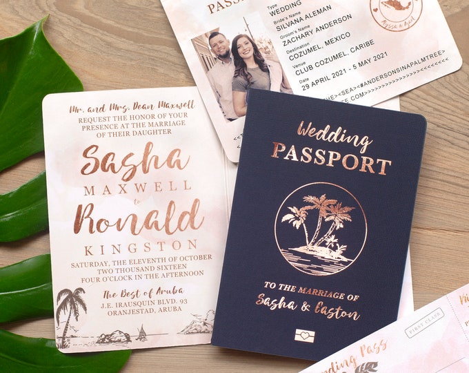 Featured listing image: Destination Wedding Passport Invitation Set in Tropical Rose Gold Foil and Blush Watercolor by Luckyladypaper - see item details to order