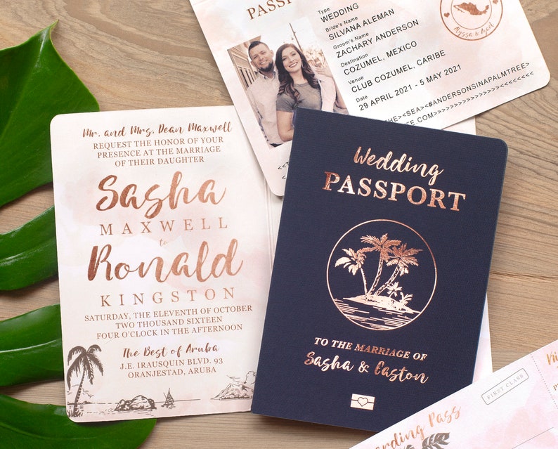 Destination Wedding Passport Invitation Set in Tropical Rose Gold Foil and Blush Watercolor by Luckyladypaper see item details to order image 1