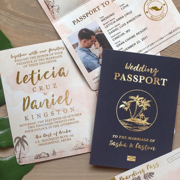 Passport Wedding Invitation Set Gold Foil and Blush Watercolor Destination Tropical Design Real Foil Available - see item details to order