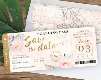 Destination Wedding Boarding Pass Save the Date Invitation in Gold and Blush with Peony Floral Watercolor - see item details to order