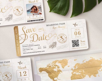 Destination Wedding Boarding Pass Save the Date or Invitation in Gold Foil and Marble by luckyladypaper