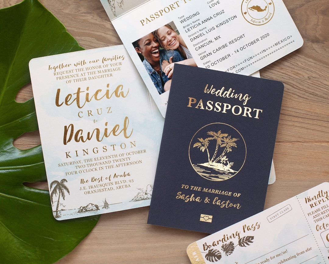 Destination Save the Date Wedding Passport Party Invitation Set in Gold and Aqua Watercolor Tropical See Item Details to Order - Etsy destination-save-the-date-wedding-passport-party-invitation-set-in-gold-and-aqua-watercolor-tropical-see-item-details-to-order-etsy