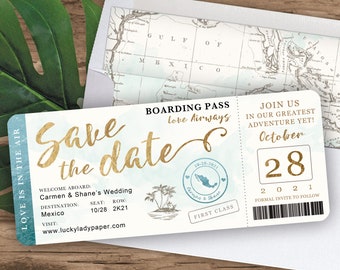 Tropical Destination Wedding Boarding Pass Save the Date or Invitation in Aqua and Gold Watercolor - see item details to order