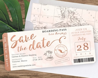 Rose Gold Watercolor Destination Wedding Boarding Pass Save The Date by Luckyladypaper - Customized PDF file for DIY Print