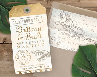 Destination Wedding Luggage Tag Shaped Save the Date - Save the Date Invitation - Faux Gold Foil and Gold Watercolor