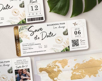 Destination Wedding Boarding Pass Save the Date Tropical Green Leaves Travel Theme QR Code Real Gold Foil Available by Luckyladypaper