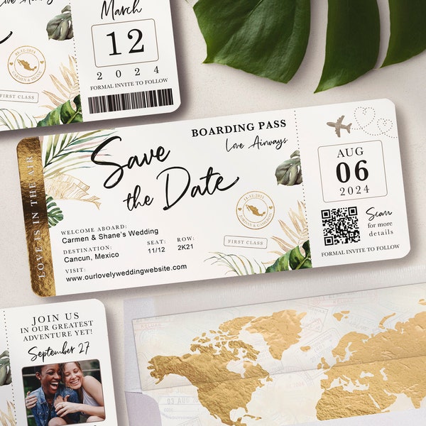 Destination Wedding Boarding Pass Save the Date Tropical Green Leaves Travel Theme QR Code Real Gold Foil Available by Luckyladypaper