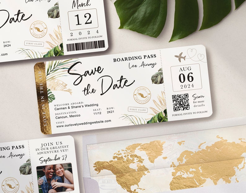 Boarding Pass Destination Wedding Save the Date QR Code Tropical Invitation