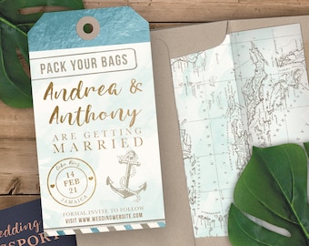 Luggage Tag Shaped Save the Date - Anchor Destination Wedding Cruise Wedding Save the Date - Faux Aqua and Gold Foil and Aqua Watercolor