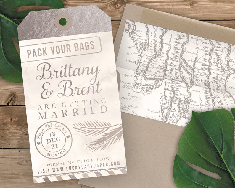 Save the Date Invitation Faux Aqua and Gold Foil with Aqua Watercolor Destination Wedding Luggage Tag Shaped Save the Date