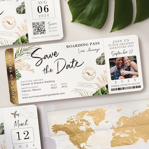 Destination Wedding Boarding Pass Save the Date Invitation Photo Tropical Green Leaves Travel Theme Real Gold Foil Available Luckyladypaper