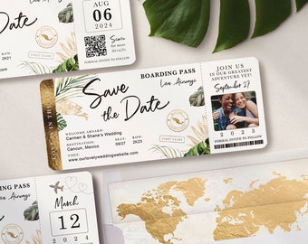 Destination Wedding Boarding Pass Save the Date Invitation Photo Tropical Green Leaves Travel Theme Real Gold Foil Available Luckyladypaper