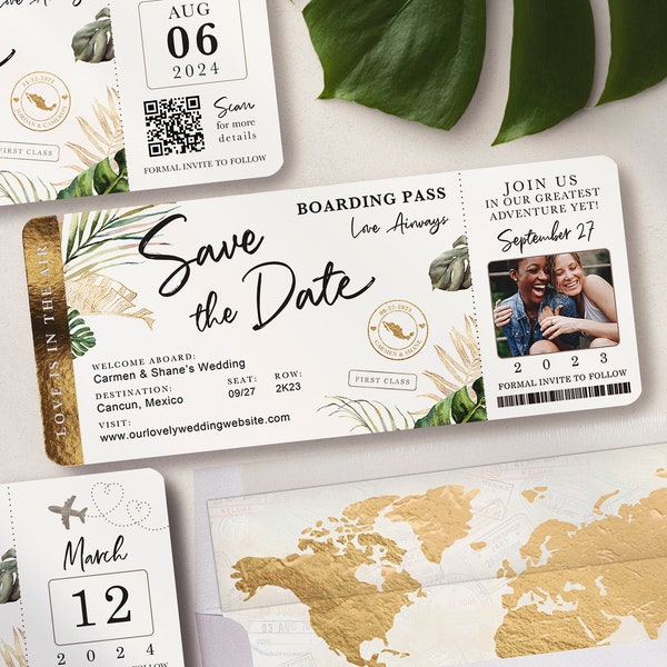 Destination Wedding Boarding Pass Save the Date Invitation Photo Tropical Green Leaves Travel Theme Real Gold Foil Available Luckyladypaper