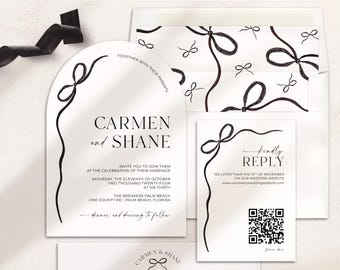 Arch Shape Wedding Invitation Ribbon Bow Coquette Elegant Design QR code RSVP card Details Information card by Luckyladypaper