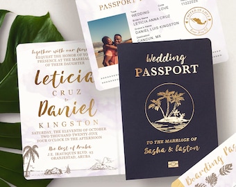 Passport Destination Wedding Invitation Set in Gold and Lavender Watercolor Tropical Design Printed for You Real Gold Foil Available