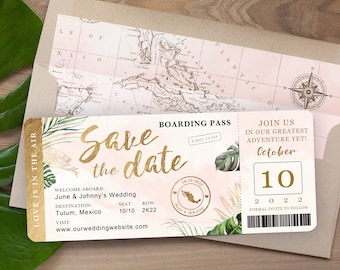Destination Wedding Boarding Pass Save the Date Invitation Tropical Green Leaves Gold Blush Watercolor Travel Theme Ticket