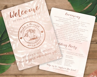 Wedding Programs  - Rose Gold and Blush Watercolor Tropical Beach Destination Wedding Passport Design