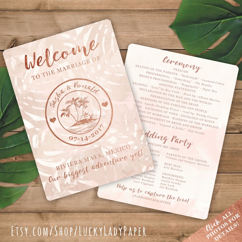 Wedding Programs Rose Gold And Blush Watercolor Tropical Beach