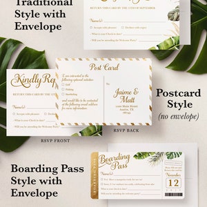 Pu&ograve; includere: Un set di quattro diversi design di biglietti RSVP per un matrimonio. I design includono uno stile tradizionale con busta, uno stile cartolina, uno stile carta d'imbarco con busta e uno stile elettronico. Ogni design presenta un tema tropicale con foglie verdi e accenti dorati. Il testo sulle carte include i nomi della coppia, la data del matrimonio e le istruzioni per gli ospiti per rispondere all'invito.