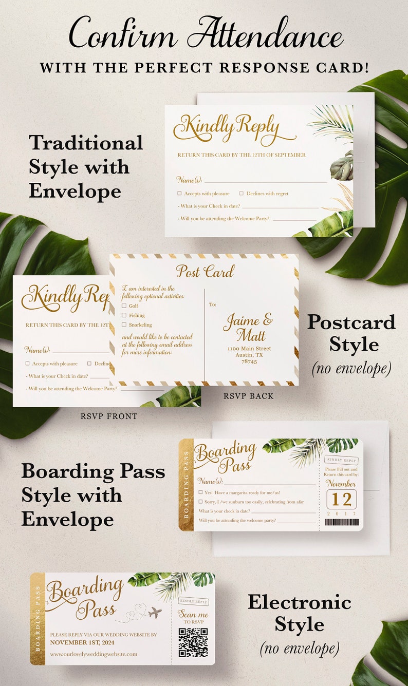 Pu&ograve; includere: Un set di quattro diversi design di biglietti RSVP per un matrimonio. I design includono uno stile tradizionale con busta, uno stile cartolina, uno stile carta d'imbarco con busta e uno stile elettronico. Ogni design presenta un tema tropicale con foglie verdi e accenti dorati. Il testo sulle carte include i nomi della coppia, la data del matrimonio e le istruzioni per gli ospiti per rispondere all'invito.