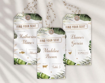 Luggage Tag Escort Place Cards Destination Wedding Elegant Green Tropical Foliage