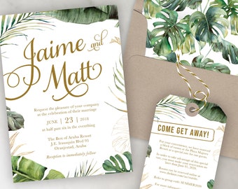 Destination Wedding Invitation - Tropical Leaves Greenery Invitation Set in Gold by Luckyladypaper