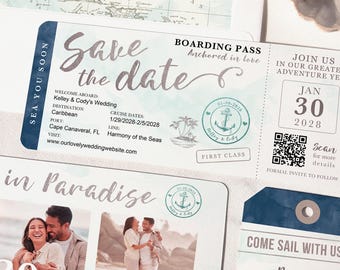 Cruise Wedding Boarding Pass Save the Date Invitation QR code Silver Aqua Watercolor Tropical Real Foil Available