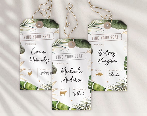 Luggage Tag Escort Place Cards for your Destination Wedding Green Tropical  Foliage