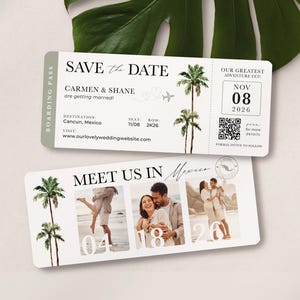 Destination Wedding Boarding Pass 3 Photo QR Code Palm Trees Travel Theme Save the Date Invitation by Luckyladypaper