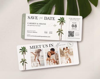 Destination Wedding Boarding Pass 3 Photo QR Code Palm Trees Travel Theme Save the Date Invitation by Luckyladypaper
